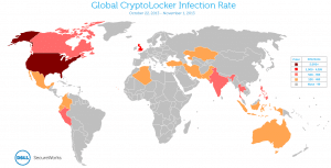 Figure 14. Global distribution of CryptoLocker infections between October 22 and November 1, 2013. (Source: Dell SecureWorks)