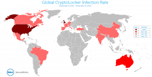 Figure 15. Global distribution of CryptoLocker infections between December 9 and December 16, 2013. (Source: Dell SecureWorks)