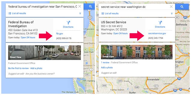 A screenshot of the false FBI and Secret Service listings Bryan Seely created